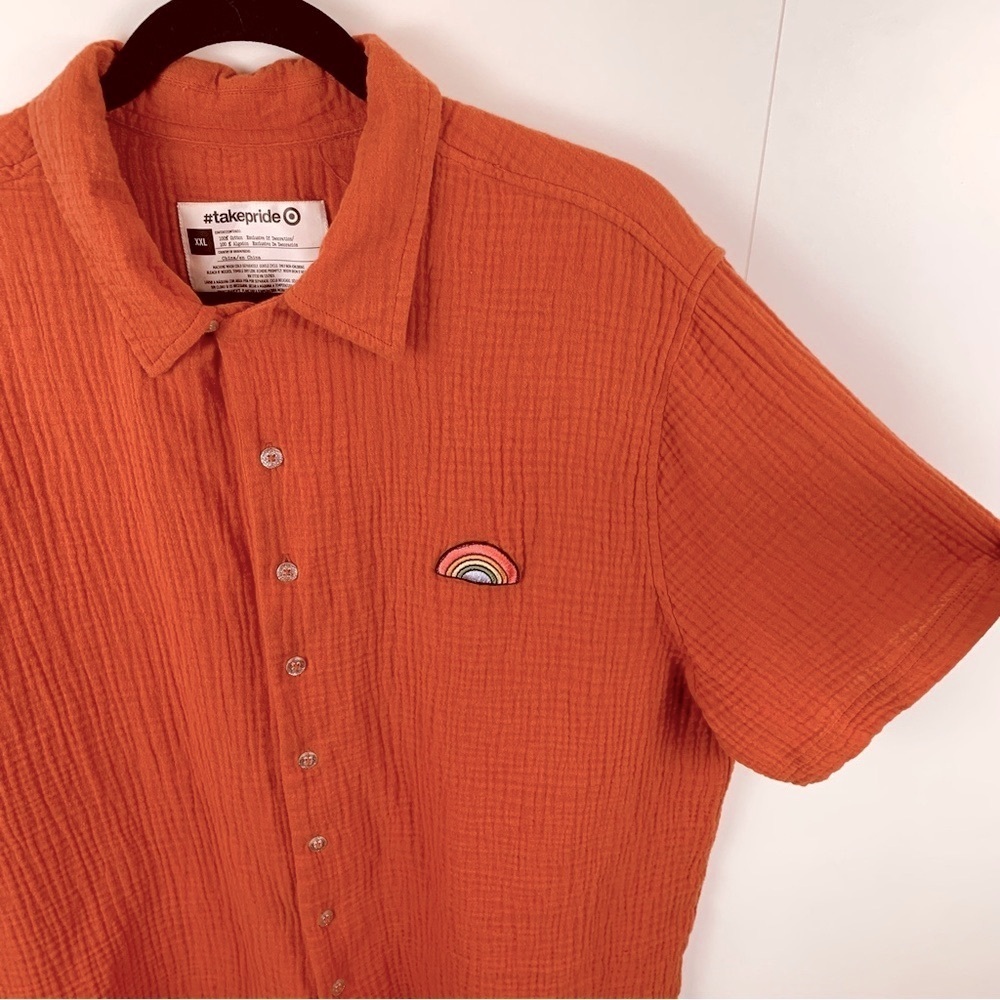 Pride Target Orange Cotton Rainbow Patch Button-Down Shirt Top Adult Unisex XXL - Picture 3 of 7